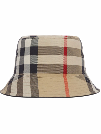 Burberry Beige Cotton Check Bucket Hat In Red