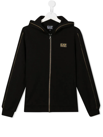Ea7 Teen Logo-patch Zip Hoodie In Black