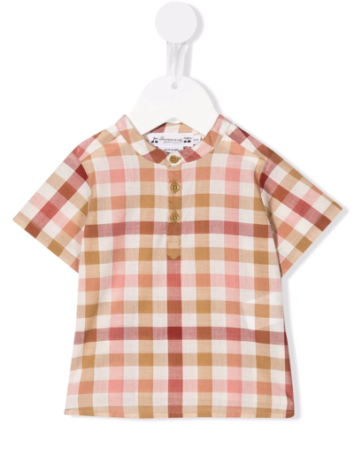Bonpoint Babies' Gingham-print Short-sleeved Shirt In Brown
