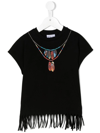 Marcelo Burlon County Of Milan Kids' Feather Printed Fringed Cotton T-shirt In Black