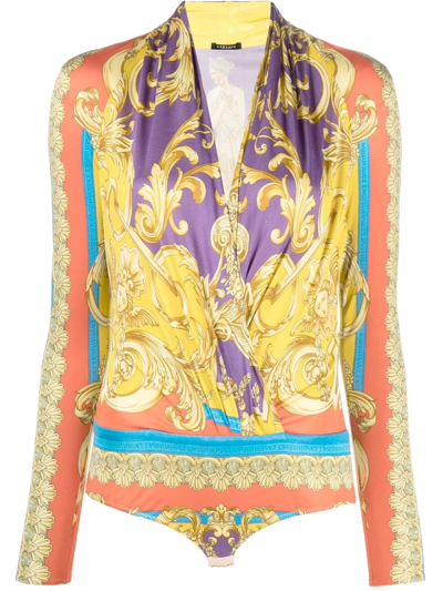 Versace Long Sleeve Heritage Print Bodysuit In Multicolour