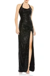 Mac Duggal Sequined Halter Strap Low Side Knot Gown In Black
