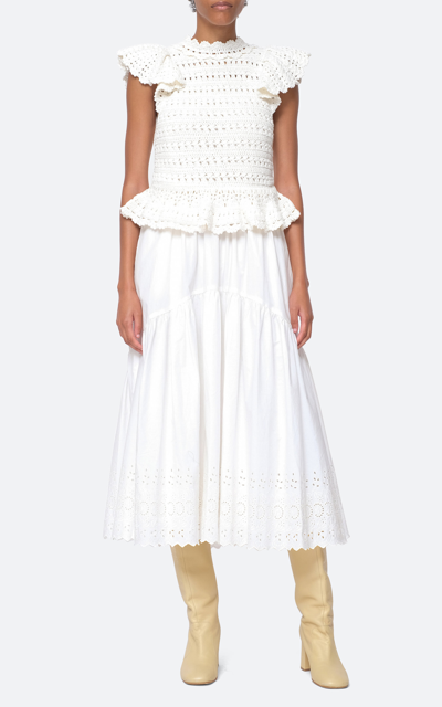 Sea Rylee Wool-blend Top And Broderie Anglaise Cotton-poplin Skirt Set In White