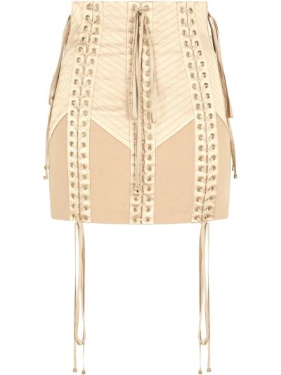 Dolce & Gabbana Lace-up Satin And Jersey Mini Skirt In Neutrals