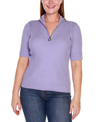 Belldini Black Label Plus Size Mock Neck Zip Front Ribbed Short Sleeve Top In Purple