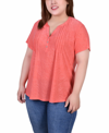 NY COLLECTION PLUS SIZE SHORT SLEEVE Y-NECK JACQUARD KNIT TOP