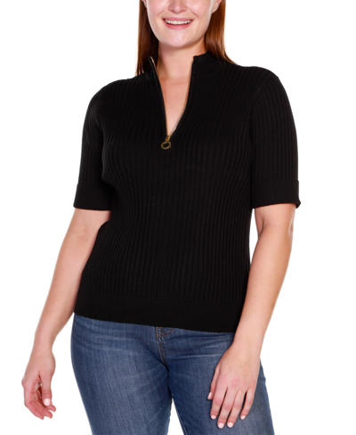 Belldini Black Label Plus Size Mock Neck Zip Front Ribbed Short Sleeve Top