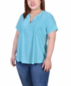 Ny Collection Plus Size Short Sleeve Y-neck Jacquard Knit Top In Blue Curacao