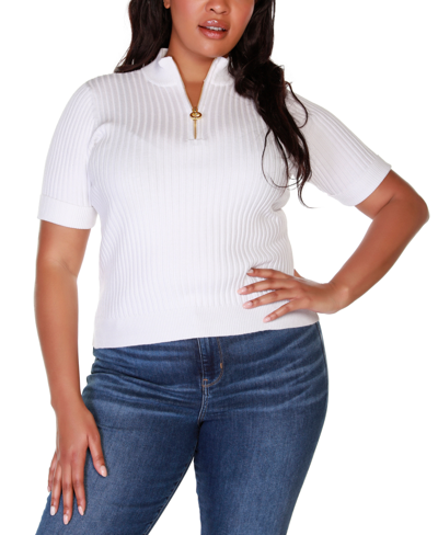 Belldini Black Label Plus Size Mock Neck Zip Front Ribbed Short Sleeve Top In White