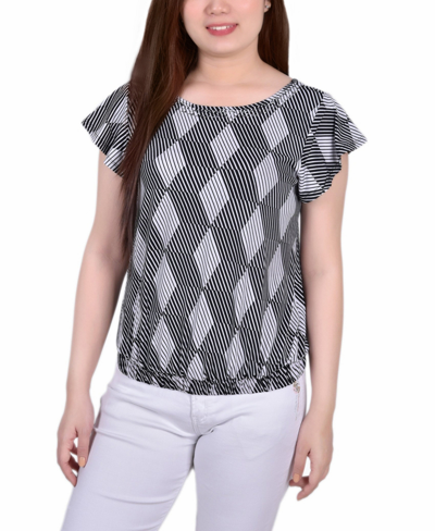 Ny Collection Petite Size Short Flutter Sleeve Top With Studded Neckline In Black White Abstract