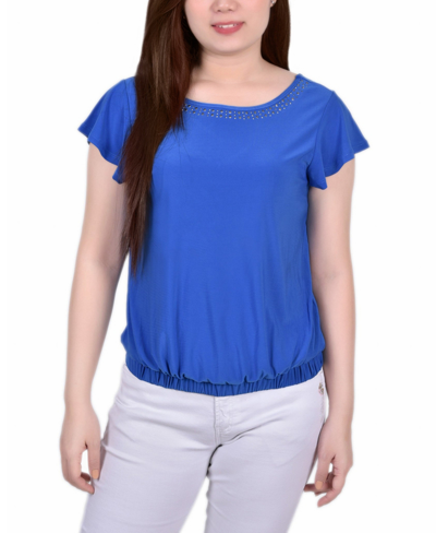 Ny Collection Petite Size Short Flutter Sleeve Top With Studded Neckline In Blue