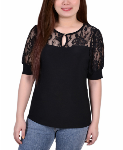 Ny Collection Petite Size Short Puff Sleeve Top With Lace Sleeves And Yoke In Black