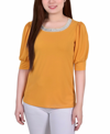 Ny Collection Petite Size Short Beaded Puff Sleeve Top In Golden Glow