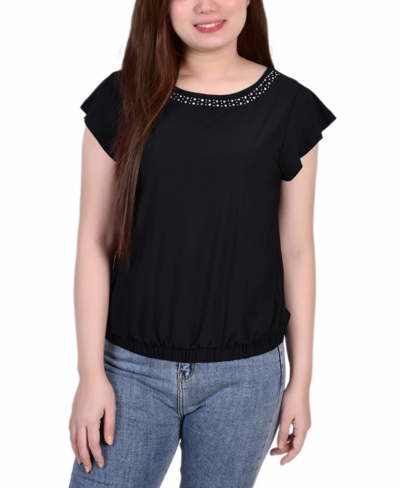 Ny Collection Petite Size Short Flutter Sleeve Top With Studded Neckline In Black