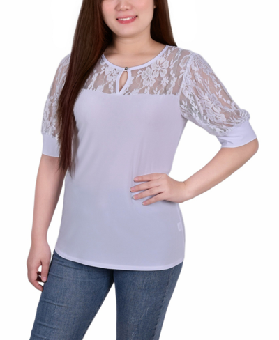 Ny Collection Women's Short Puff Sleeve Top With Lace Sleeves And Yoke In White