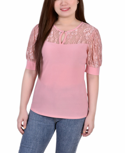 Ny Collection Plus Size Short Puff Sleeve Top With Lace Sleeves And Yoke In Mellow Rose