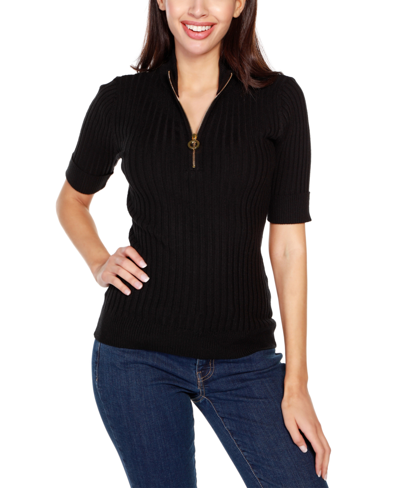 Belldini Black Label Plus Size Mock Neck Zip Front Ribbed Short Sleeve Top