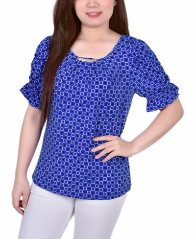 Ny Collection Petite Size Elbow Cuffed Sleeve Hardware Top In Blue