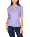 Belldini Black Label Plus Size Mock Neck Zip Front Ribbed Short Sleeve Top In Pale Iris