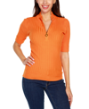 Belldini Black Label Mock Neck Zip Front Ribbed Short Sleeve Top In Clementine