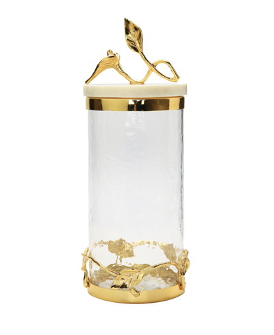 Classic Touch Glass Canister Leaf Design And Marble Lid, Large In Gold-tone