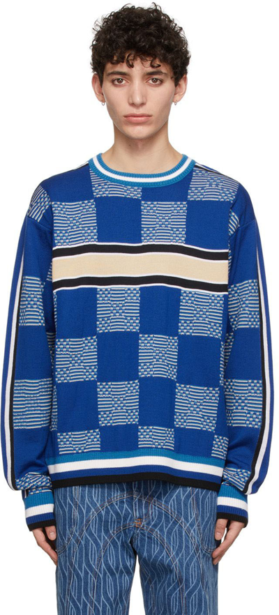 Ahluwalia Checkerboard-jacquard Merino-blend Sweater In Blue