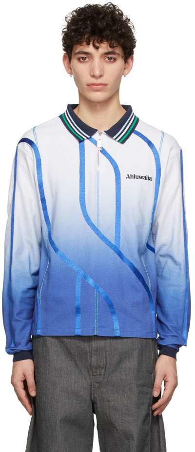 Ahluwalia Expression Zip-up Long-sleeved Polo Shirt In Blue/white