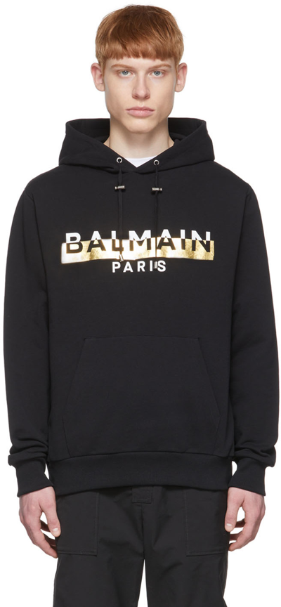 Balmain Logo棉质平纹针织连帽卫衣 In Black