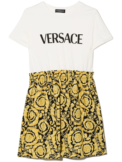 Versace Kids' Logo印花褶饰裙摆连衣裙 In White