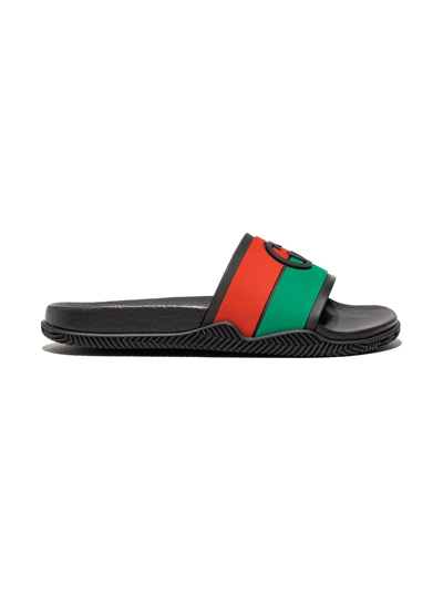 Gucci Kids' Interlocking-g Logo Web-stripe Slides In Black