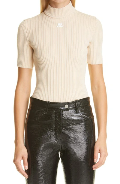 Courrèges Embroidered Logo Ribbed Knitted Top In Neutrals