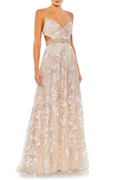 Mac Duggal Embroidered V Neck Long Sleeve Trumpet Gown In Ivory Nude