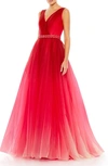 Mac Duggal Beaded Belt Wrap Over Sleeveless Ballgown In Red Ombre