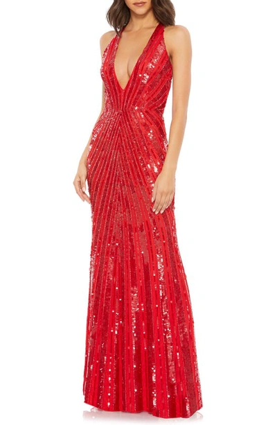 Mac Duggal Sequined Deep V Strappy Open Back Gown In Red