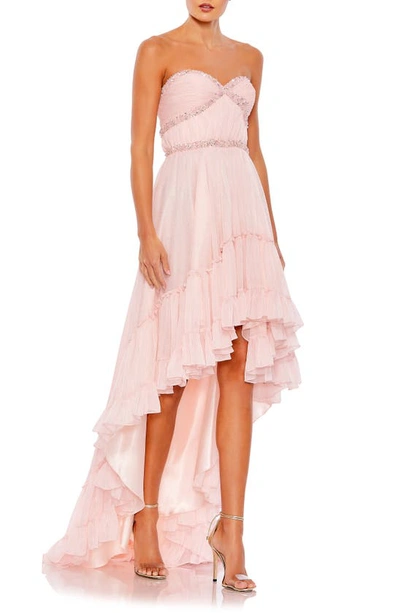 Mac Duggal Beaded Strapped Ruffle High Low Gown In Pink