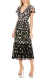 Mac Duggal Embroidered V Neck Cap Sleeve Midi Dress In Black Multi