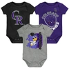 Outerstuff Newborn And Infant Boys And Girls Black, Purple, Gray Colorado Rockies Change Up 3-pack Bodysuit Set In Black
