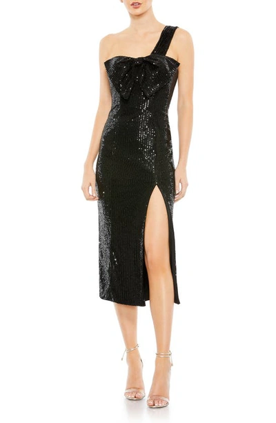 Ieena For Mac Duggal Sequin Bow Asymmetric One-shoulder Cocktail Dress In Black