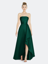 ALFRED SUNG ALFRED SUNG STRAPLESS SATIN GOWN WITH DRAPED FRONT SLIT AND POCKETS