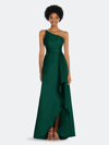 ALFRED SUNG ALFRED SUNG ONE-SHOULDER SATIN GOWN WITH DRAPED FRONT SLIT AND POCKETS