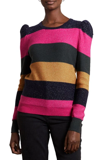 Boden Sparkle Stripe Puff Sleeve Sweater In Pink Black Stripe
