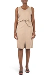 Nina Leonard Millennium Sleevess Belted Dress In Tan Black