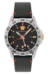 Versace Men's Sport Tech Gmt Stainless Steel Leather Watch, 45mm In Black