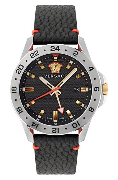 Versace Men's Sport Tech Gmt Stainless Steel Leather Watch, 45mm In Black