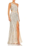 Mac Duggal Sequined One Shoulder Draped Lace Up Gown In Nude Silver