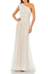 Mac Duggal Lace Embellished Feathered One Shoulder Gown In Ivory