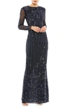 Mac Duggal Sequin Stripe Long Sleeve Column Gown In Midnight