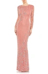 Mac Duggal Sheer Long Sleeve Beaded Gown In Rose