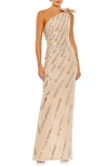 Mac Duggal Rosette Sequin Crystal One-shoulder Gown In Nude Gold