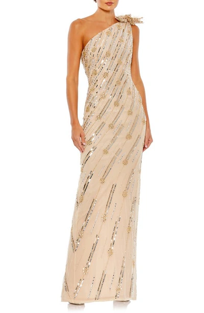 Mac Duggal Rosette Sequin Crystal One-shoulder Gown In Nude Gold Tone